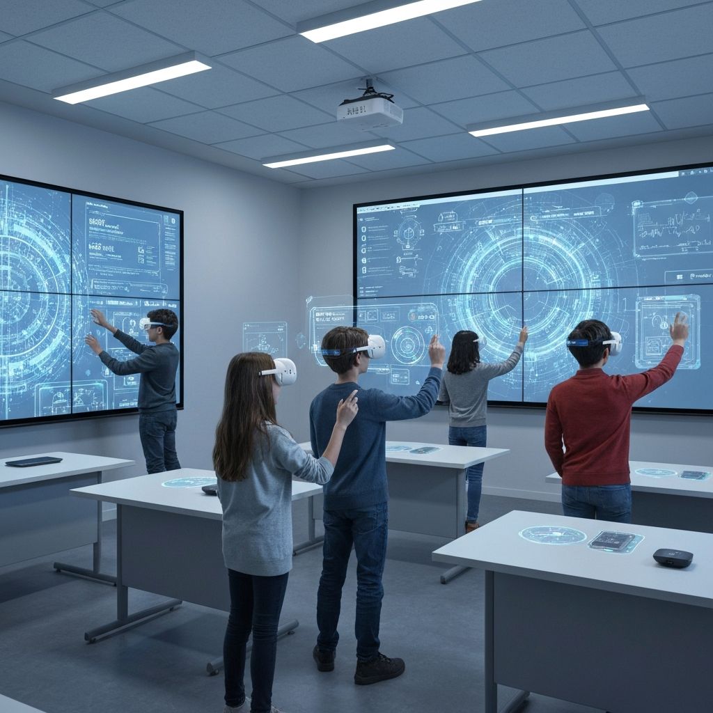 Children learning with XR technology in a classroom